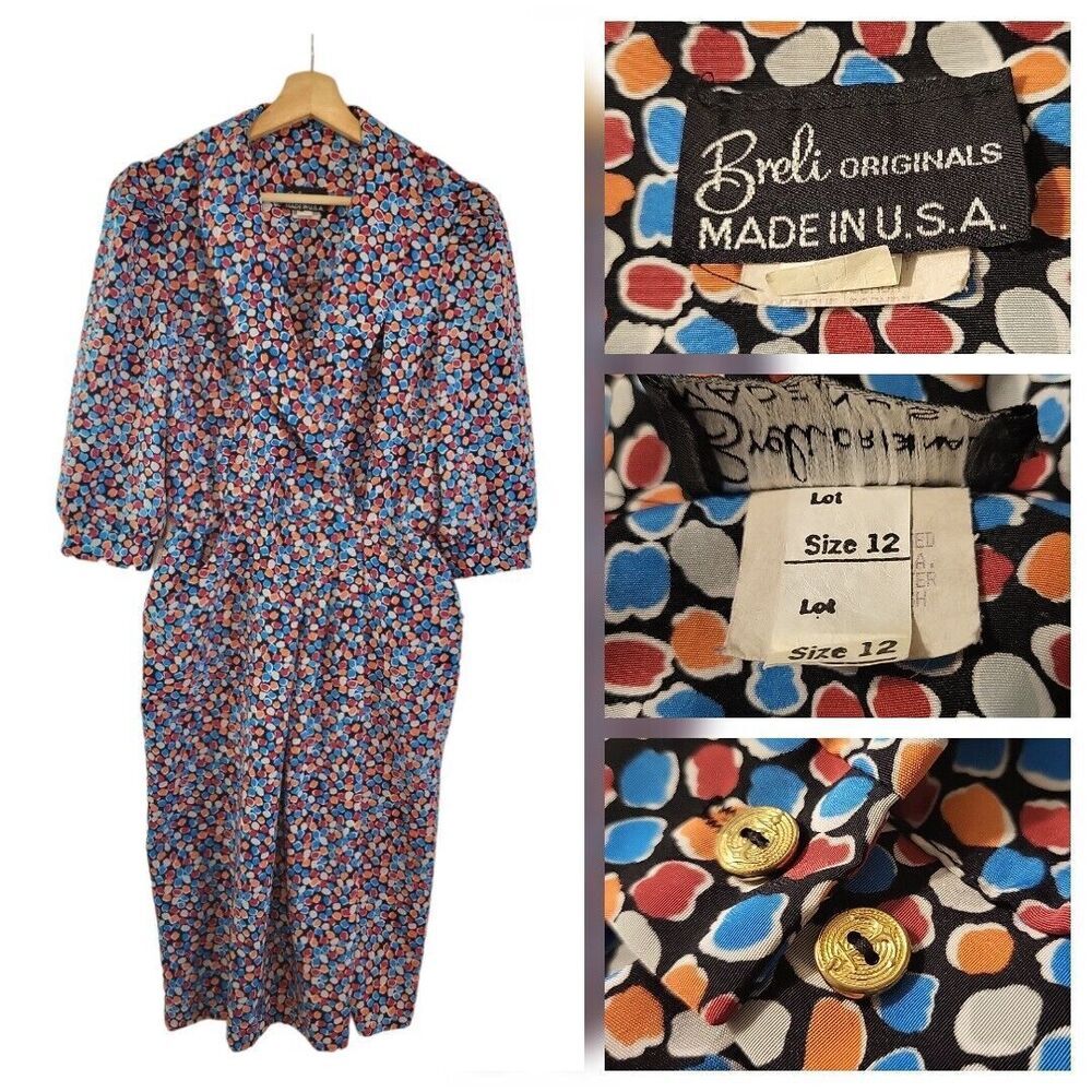 Breli Originals Vintage Midi‎ Dress Women Sz 12 Faux Wrap USA Multicolor